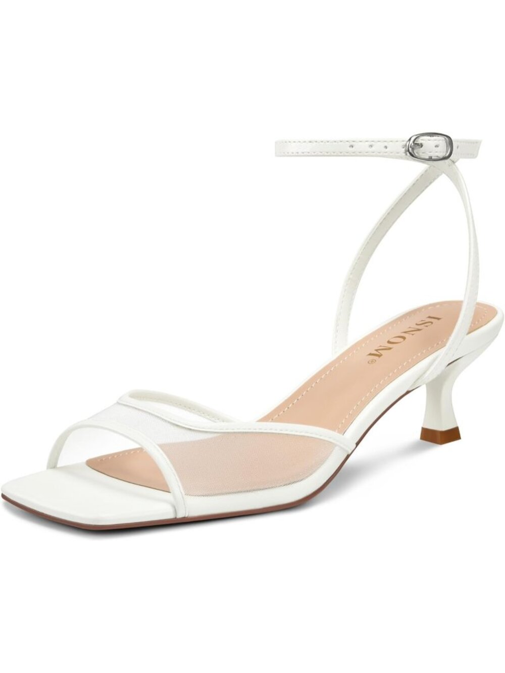 Womens White Mesh Kitten Heels Square Toe Ankle Strap Low Heels Sandals